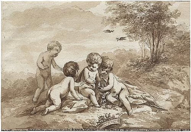 Paesaggio arcadico con ragazzi che giocano con uccelli canterini